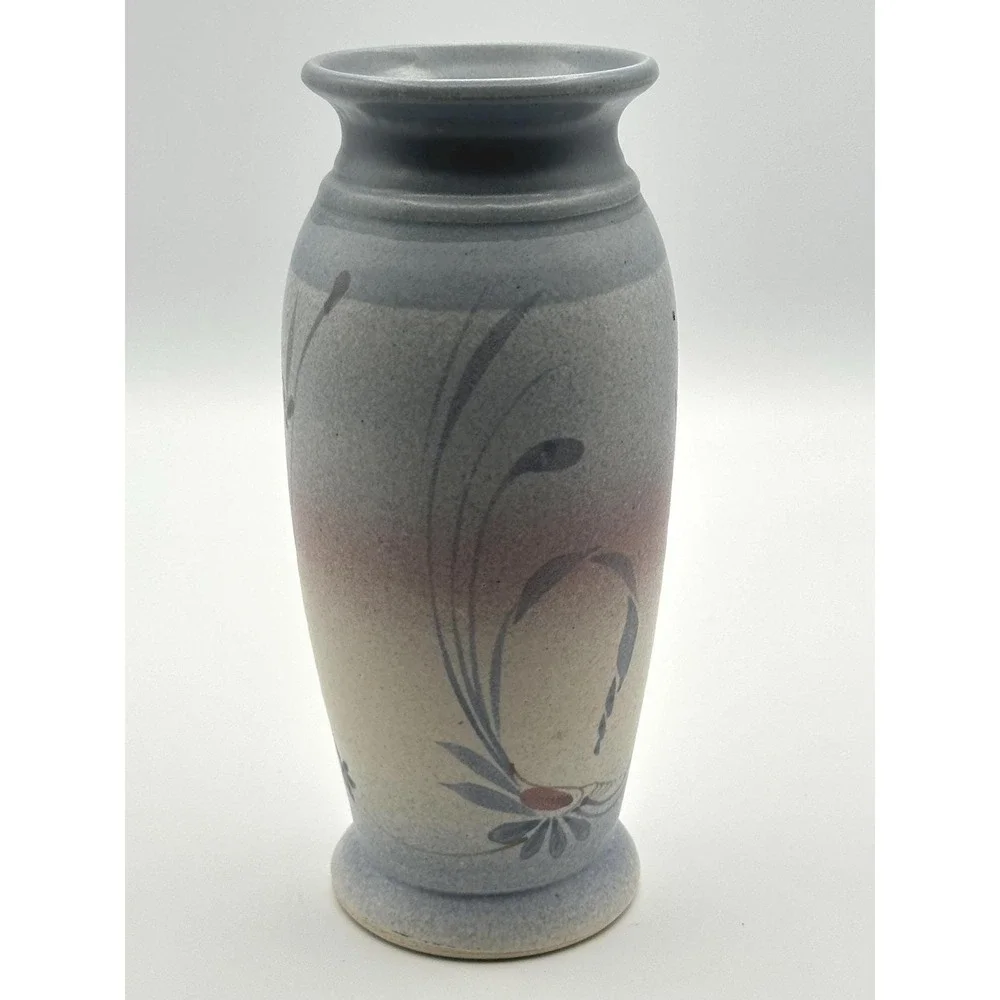 Westlin Signed Studio Pottery Vase Blue Mauve Floral Hand Painted Ceramic Decor